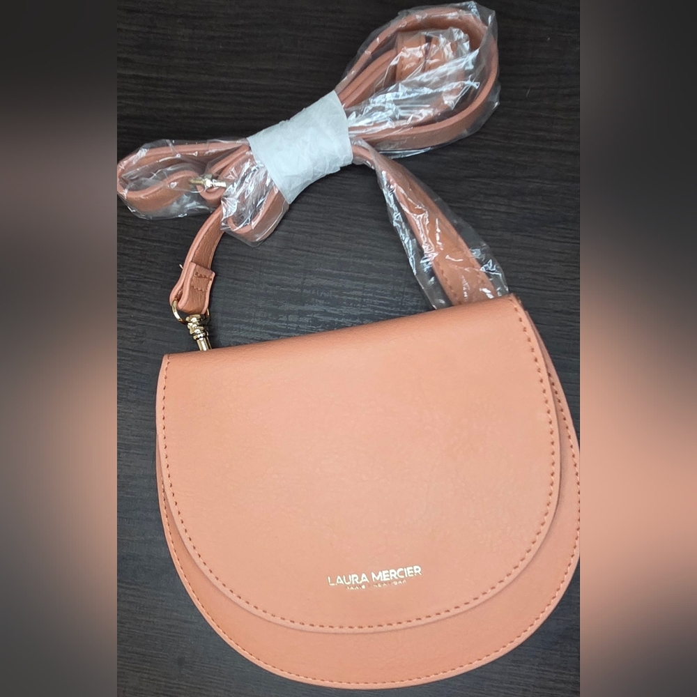 Laura Mercier Blush Pink Crossbody Bag Mini Saddle Pouch Gold Logo NWOT